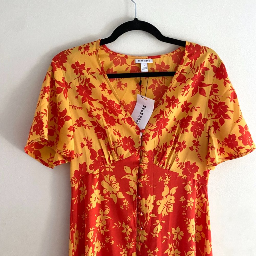 NEONROSE Floral Orange Flowing Button Up Dress